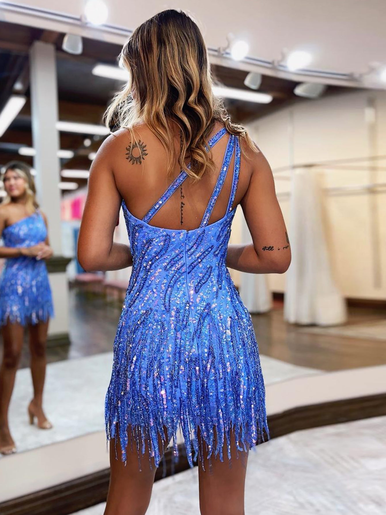 Sparkly Blue One Shoulder Sequins Tight Short Hoco Dress with Fringes