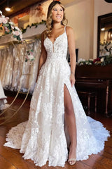 Beach Wedding Dresses Long Lace Appliques Spaghetti Split V Neck Bridal Gowns