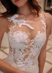 Appliqued Tulle A-Line Wedding Dress with Bateau Neckline and Sweep Train