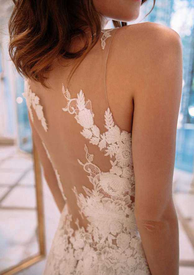 Appliqued Tulle A-Line Wedding Dress with Bateau Neckline and Sweep Train