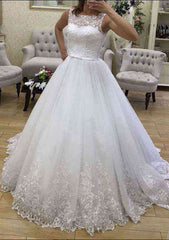 Lace A-Line Wedding Dress with Bateau Neckline and Court Train