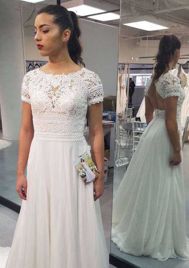 Lace A-Line Wedding Dress with Bateau Neckline and Long/Floor-Length Skirt