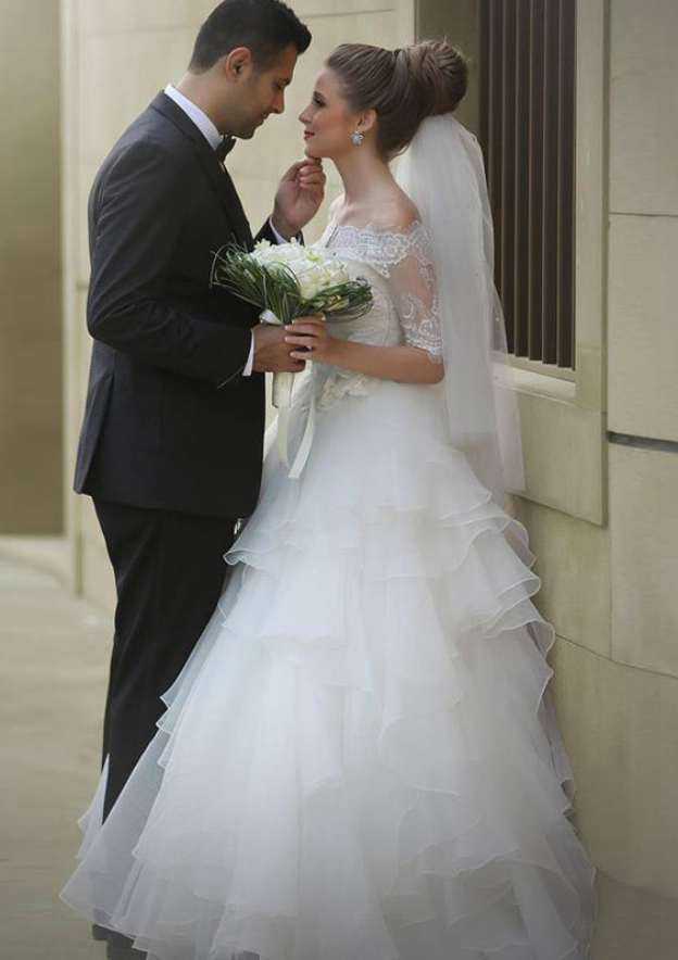 Organza A-Line Wedding Dress with Off-The-Shoulder Neckline and Lace Detail