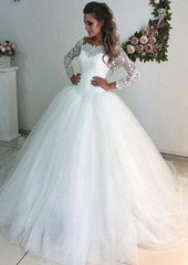 Lace Tulle A-Line Wedding Dress with Off-The-Shoulder Neckline and Sweep Train