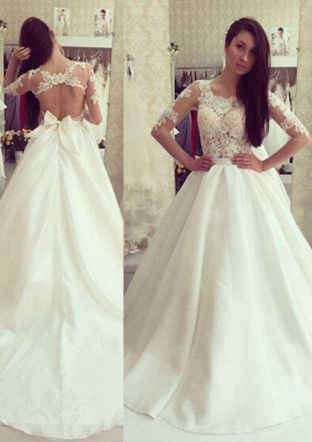 Lace A-Line Wedding Dress with Bateau Neckline and Court Train