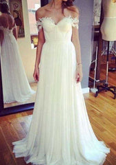 Appliqued Tulle A-Line Wedding Dress with Off-The-Shoulder Neckline and Sweep Train