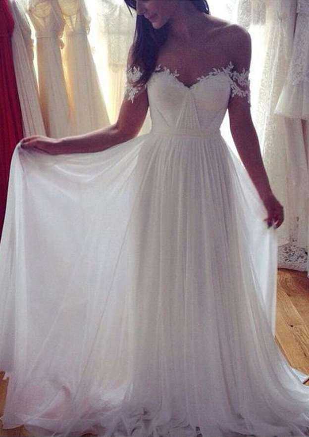 Appliqued Tulle A-Line Wedding Dress with Off-The-Shoulder Neckline and Sweep Train