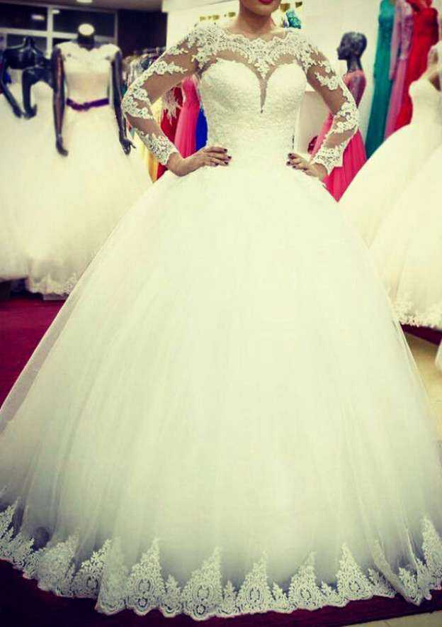 Bateau Neckline Lace A-Line Wedding Dress with Long/Floor-Length Skirt