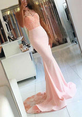 Elastic Satin Court Train Trumpet/Mermaid Sleeveless Halter Covered Button Prom Dress With Beading