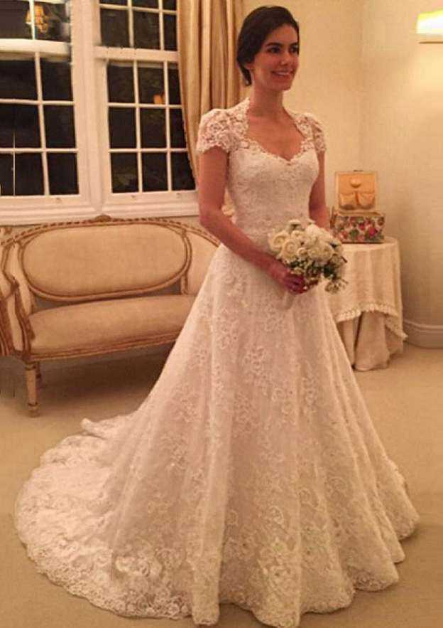 Scalloped Neck Court Train Lace A-Line Wedding Dress