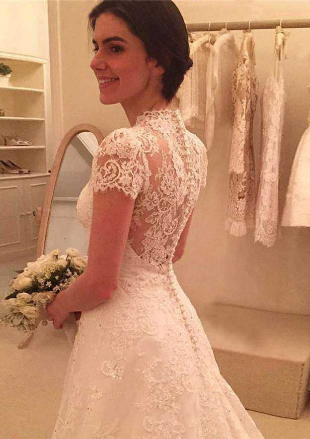 Scalloped Neck Court Train Lace A-Line Wedding Dress