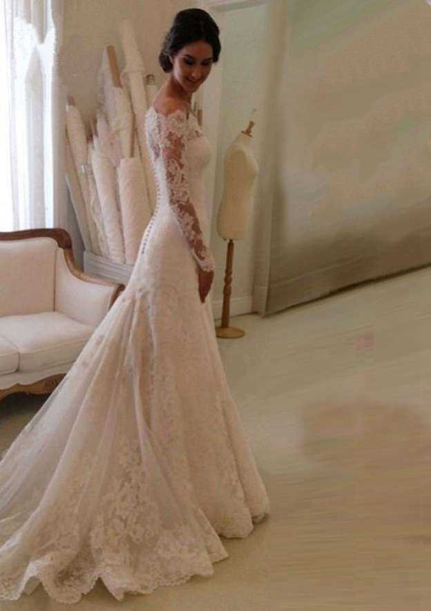 Scalloped Neck Court Train A-Line Wedding Dress with Appliqued Lace