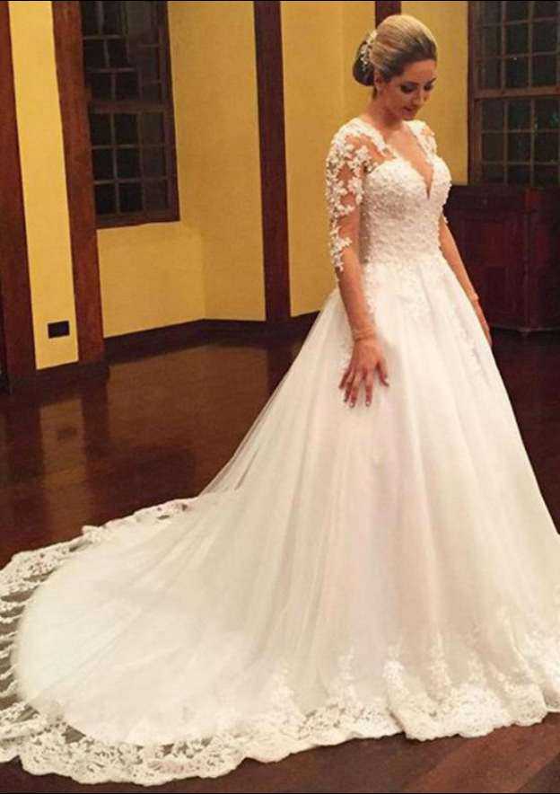V-Neck Tulle A-Line Wedding Dress with Court Train and Appliques