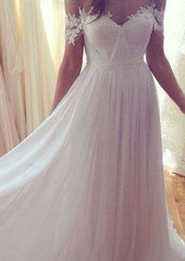 Appliqued Tulle A-Line Wedding Dress with Off-The-Shoulder Neckline and Sweep Train