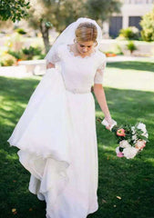 A-Line/Princess Chiffon Wedding Dress with Scalloped Neckline and Sweep Train with Beaded Detail