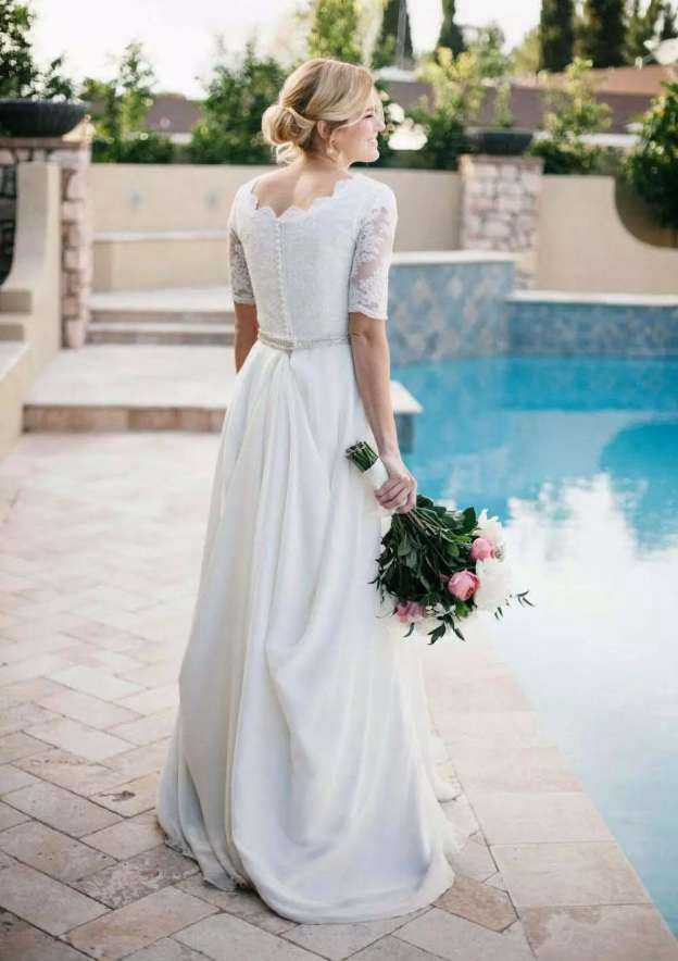 A-Line/Princess Chiffon Wedding Dress with Scalloped Neckline and Sweep Train with Beaded Detail