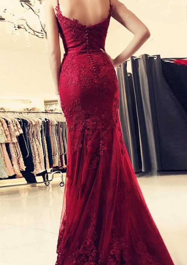 Trumpet/Mermaid Sweetheart Sleeveless Floor-Length Tulle Prom Dress With Appliqued Details