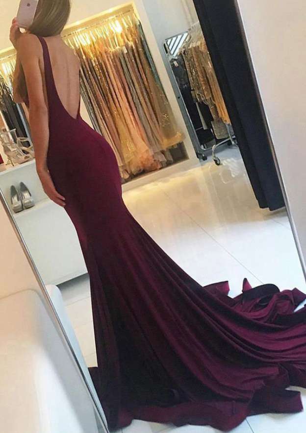 Bateau Jersey Trumpet/Mermaid Prom Dress with Pleats and Sweep Train