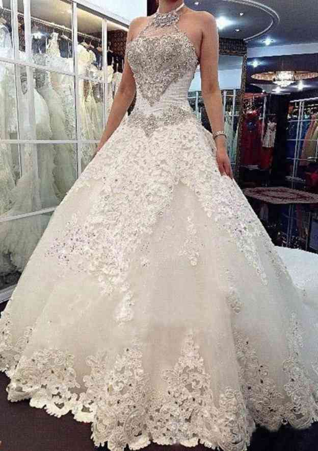 Lace Wedding Dress, A-Line/Princess Halter Cathedral Train with Beaded