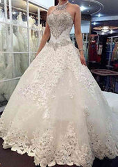 Lace Wedding Dress, A-Line/Princess Halter Cathedral Train with Beaded