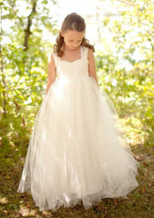 Tulle Square Neckline Floor-Length A-line Flower Girl Dress with Waistband