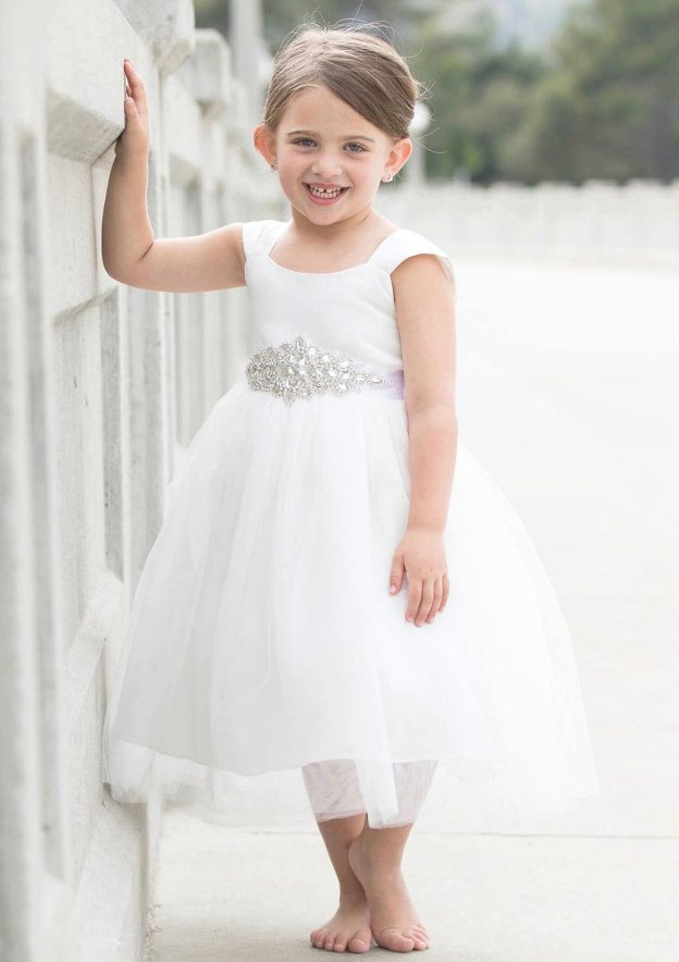 Tulle Square Neckline Tea-Length A-line Flower Girl Dress with Waistband