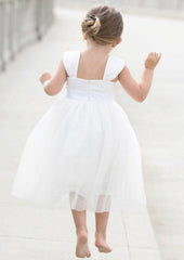 Tulle Square Neckline Tea-Length A-line Flower Girl Dress with Waistband