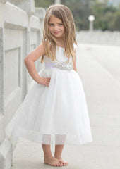 Tulle Square Neckline Tea-Length A-line Flower Girl Dress with Waistband