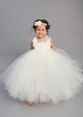 Tulle Square Neckline Ankle-Length Ball Gown Flower Girl Dress with Applique