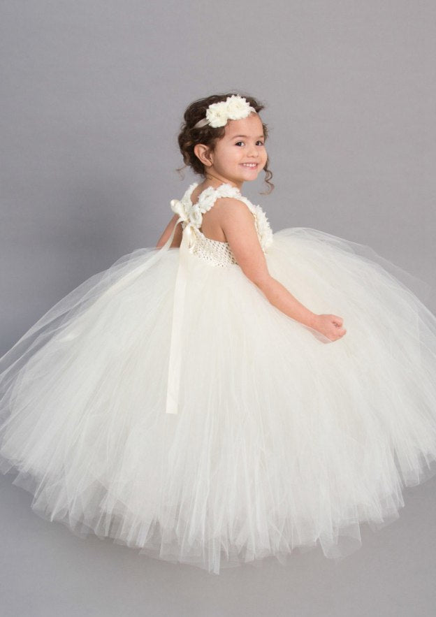 Tulle Square Neckline Ankle-Length Ball Gown Flower Girl Dress with Applique