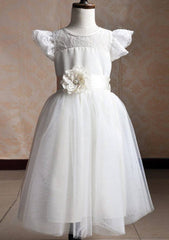 Tulle Bateau Ankle-Length A-line Flower Girl Dress with Waistband