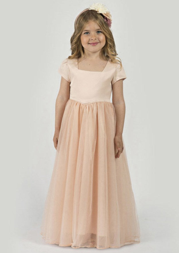 Tulle Square Neckline Floor-Length A-line Flower Girl Dress with Pleated