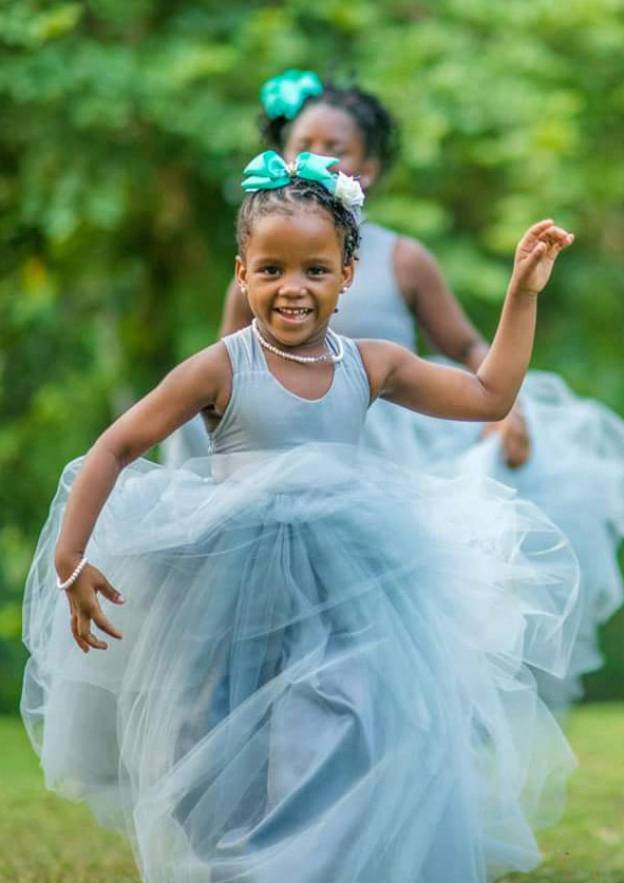 Tulle Bateau Tea-Length A-line Flower Girl Dress with Waistband