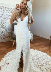 Split V Neck Sleeveless Trumpet/Mermaid Chapel Train Lace Wedding Dress
