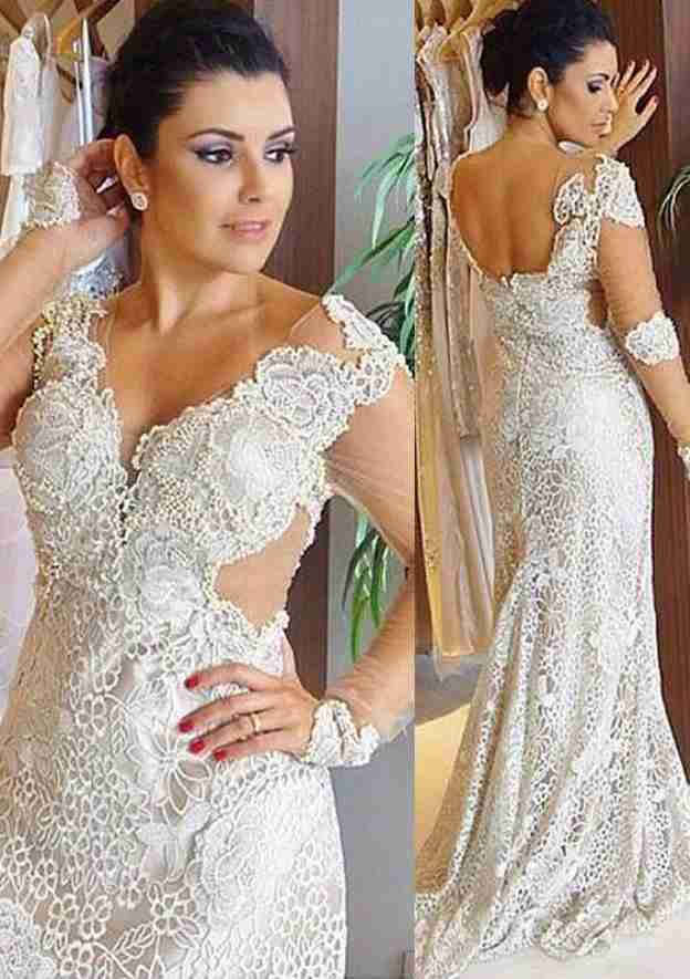 Scalloped Neck Full/Long Sleeve Sweep Train Lace Wedding Dress with Appliqued, Sheath/Column