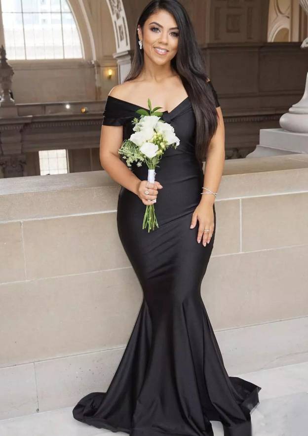 Trumpet/Mermaid Off-the-Shoulder Sleeveless Sweep Train Jersey Prom Dress with Pleated