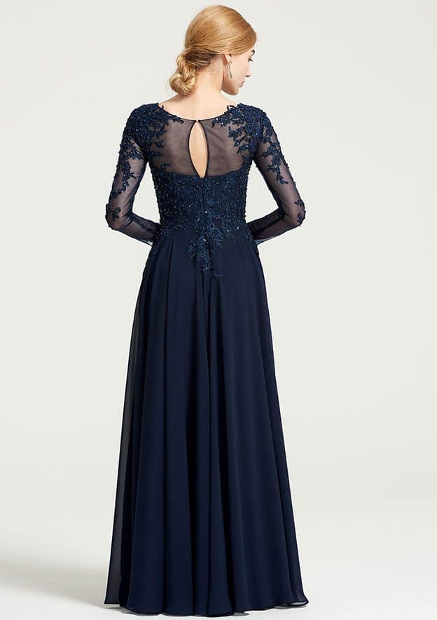 3/4 Sleeve Bateau A-line/Princess Chiffon Dress with Beading, Appliques, and Floor-Length Design