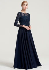 3/4 Sleeve Bateau A-line/Princess Chiffon Dress with Beading, Appliques, and Floor-Length Design