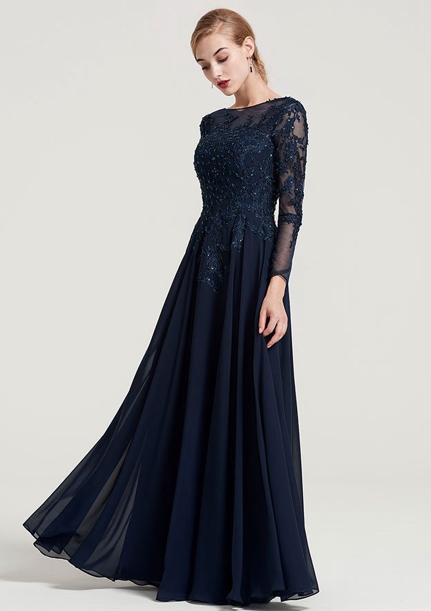 3/4 Sleeve Bateau A-line/Princess Chiffon Dress with Beading, Appliques, and Floor-Length Design