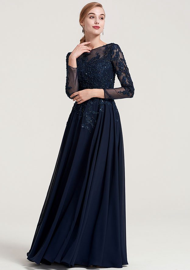 3/4 Sleeve Bateau A-line/Princess Chiffon Dress with Beading, Appliques, and Floor-Length Design