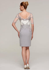 Knee-Length Chiffon Mother of the Bride Dress with Jacket Appliqued, Short Sleeve V Neck Sheath/Column