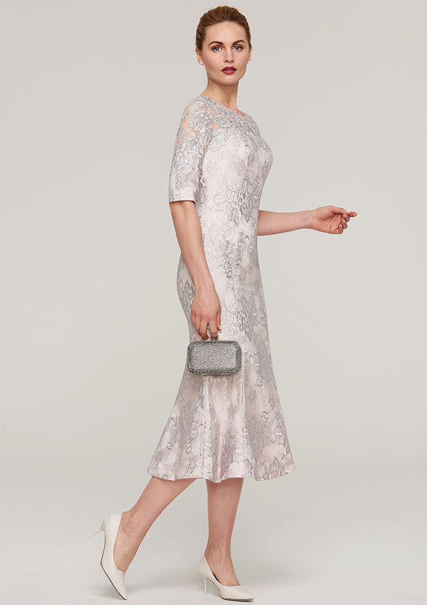 Tea-Length Lace Mother of the Bride Dress with Appliqued, Half Sleeve Bateau Sheath/Column
