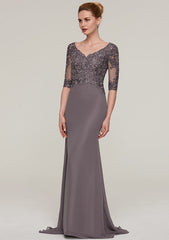 Sweep Train Chiffon Mother of the Bride Dresses with Appliqued Beading, Half Sleeve V Neck Sheath/Column