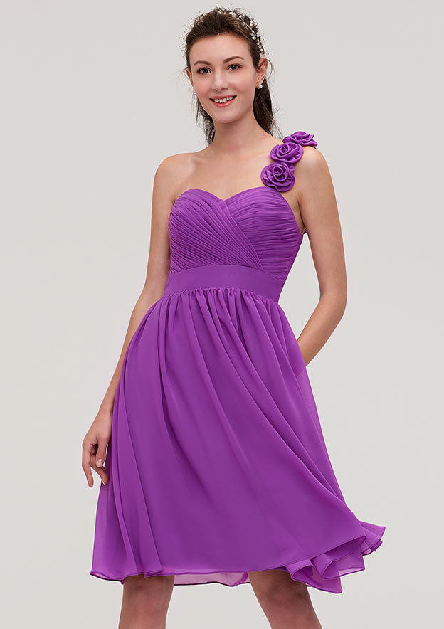 A-Line/Princess One-Shoulder Sleeveless Knee-Length Chiffon Bridesmaid Dress with Pleats and Flowers