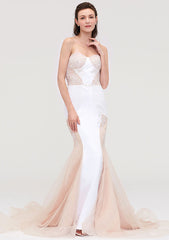 Trumpet/Mermaid Sweetheart Sleeveless Chapel Train Tulle Prom Dress With Lace Appliqued Details