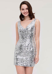 Sleeveless Sequined Sheath/Column V Neck Mini Homecoming Dress