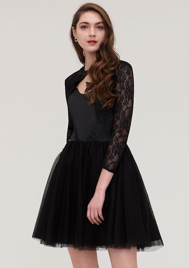 Tulle Homecoming Dress A-line Scoop Neck Long Sleeve Mini With Lace