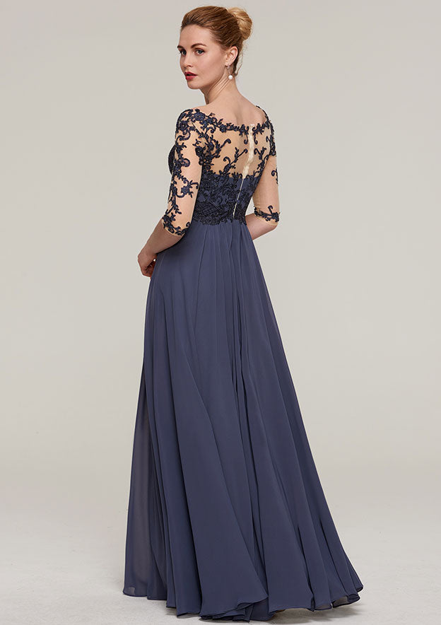 Long/Floor-Length Chiffon Mother of the Bride Dresses with Appliqued, Half Sleeve V Neck A-line