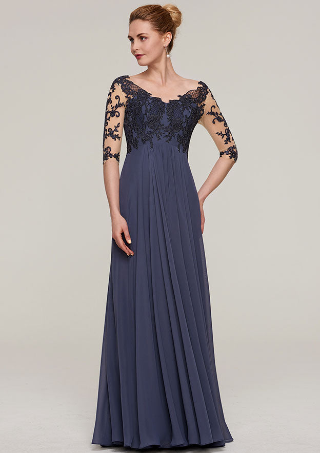 Long/Floor-Length Chiffon Mother of the Bride Dresses with Appliqued, Half Sleeve V Neck A-line