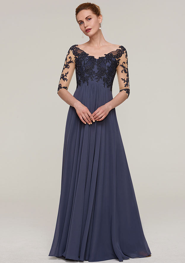 Long/Floor-Length Chiffon Mother of the Bride Dresses with Appliqued, Half Sleeve V Neck A-line